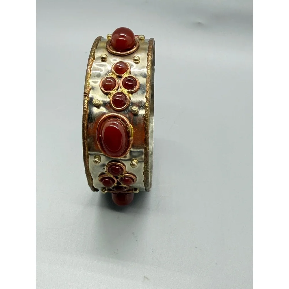 Vintage Boho red Cabochon Studded Bangle Bracelet Hammered Silver Tone Statement